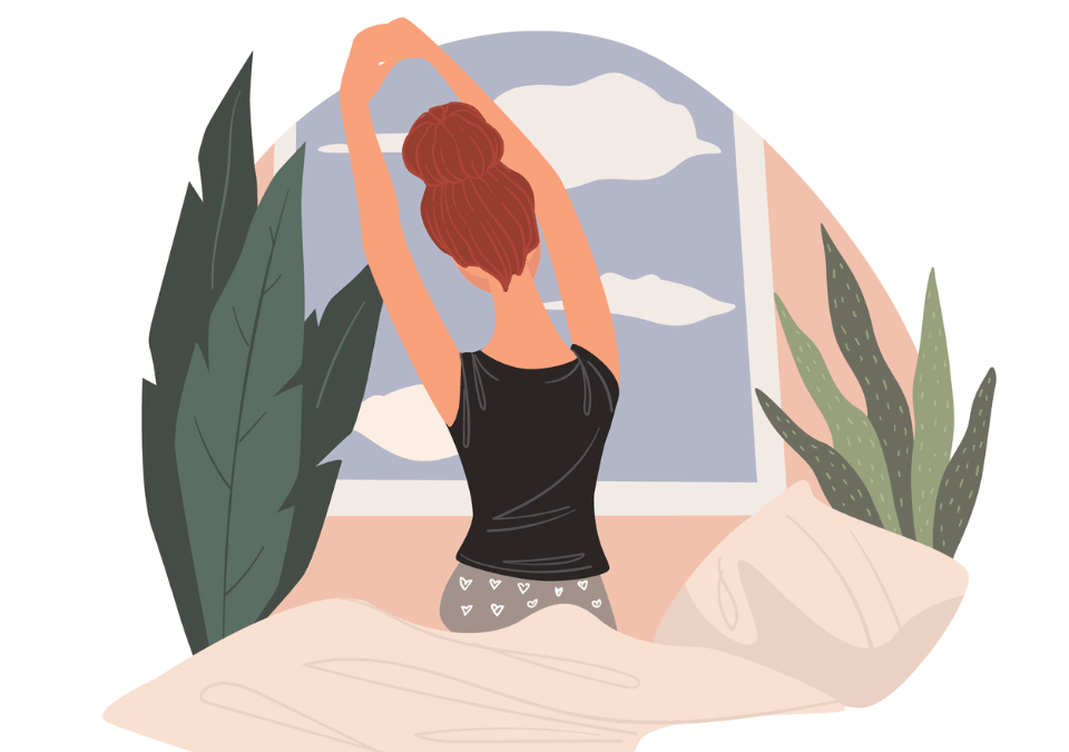 Μία κοπέλα μόλις έχει ξυπνήσει και τεντώνεται.