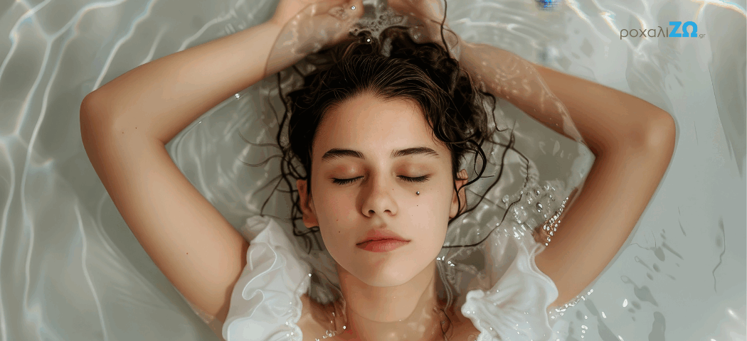 Μια κοπέλα με λευκό φόρεμα κοιμάται ξαπλωμένη πάνω σε νερό.