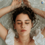 Μια κοπέλα με λευκό φόρεμα κοιμάται ξαπλωμένη πάνω σε νερό.