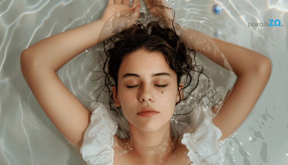 Μια κοπέλα με λευκό φόρεμα κοιμάται ξαπλωμένη πάνω σε νερό.