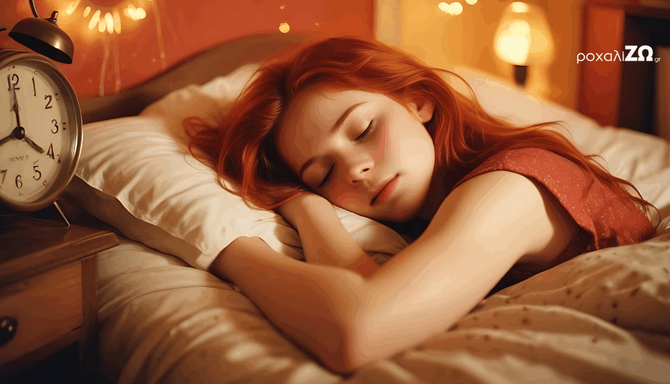 Μία έφηβη κοπέλα κοιμάται στο υπνοδωμάτιό της. Ένα ρολόι είναι δίπλα στο κομοδίνο της.
